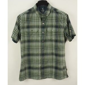 Kuhl Men's Medium Short Sleeve Green Blue Plaid Performance Utility Hiking Shirt